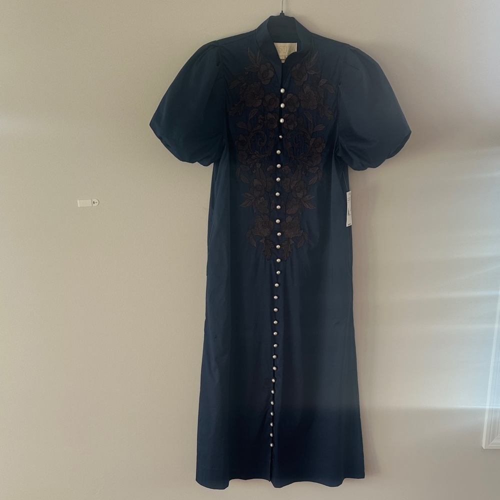 Mestiza New York NWT Elliana Barong Navy Embroidered Midi Dress Sz Small - Picture 3 of 12